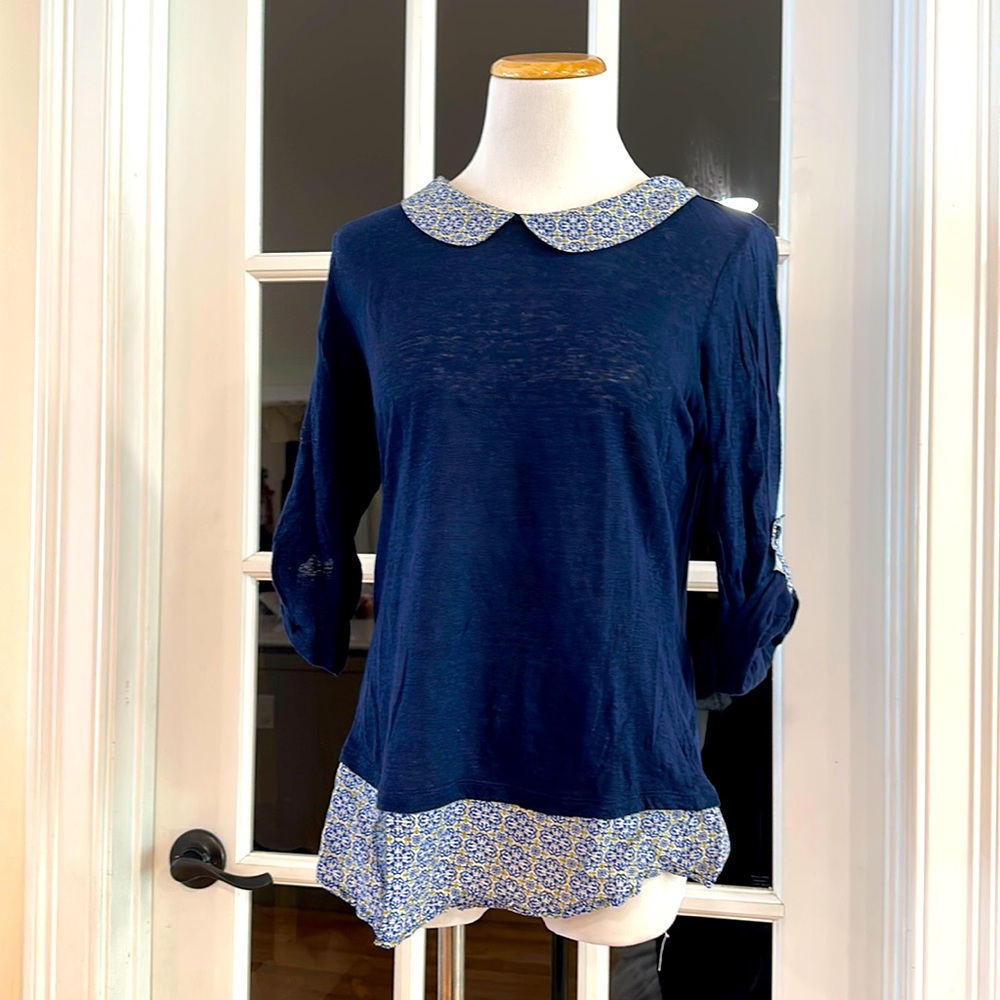 Twig & Perch small linen navy sweater with attached mock shirt